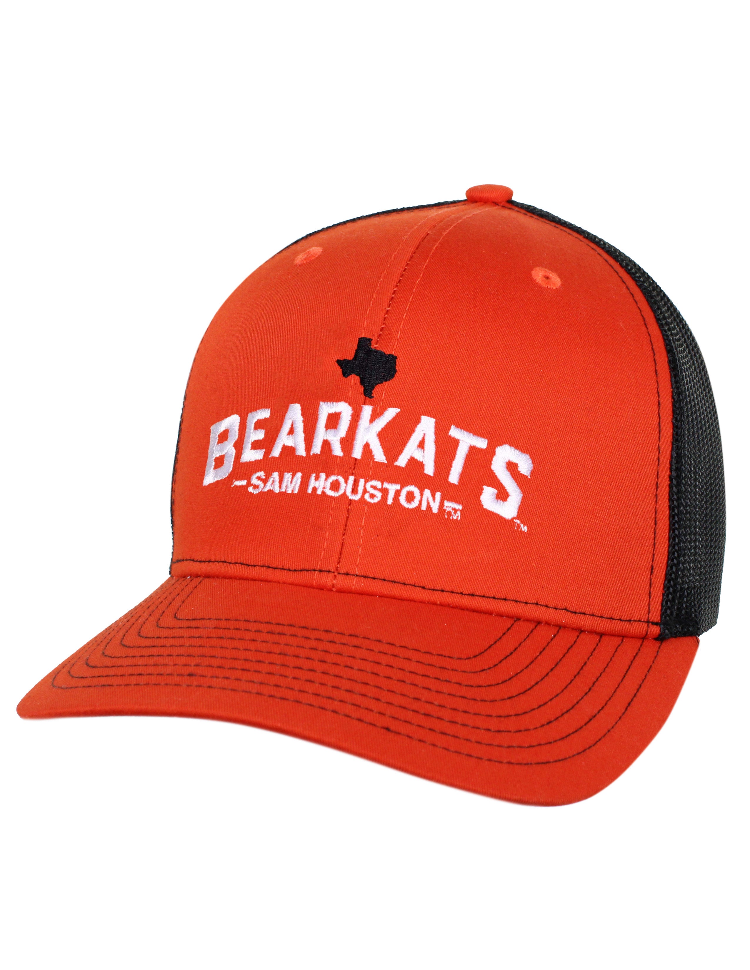 Orange Sam Houston State University hat featuring a black mesh back panel with white embroidery lettering with a small black silhouette of the state of Texas on the front.  
