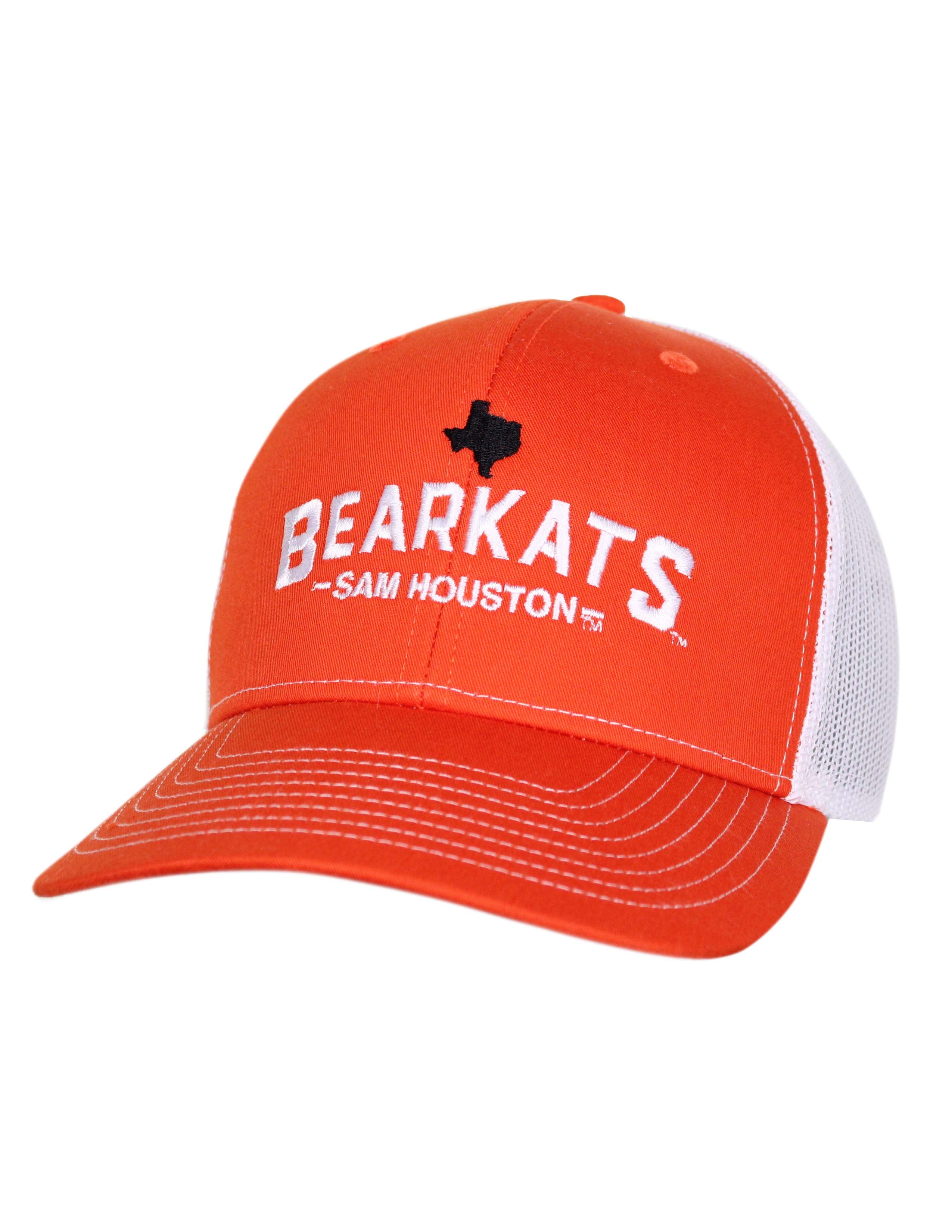 Orange Sam Houston State University hat featuring a white mesh back panel with white embroidery lettering with a small black silhouette of the state of Texas on the front.