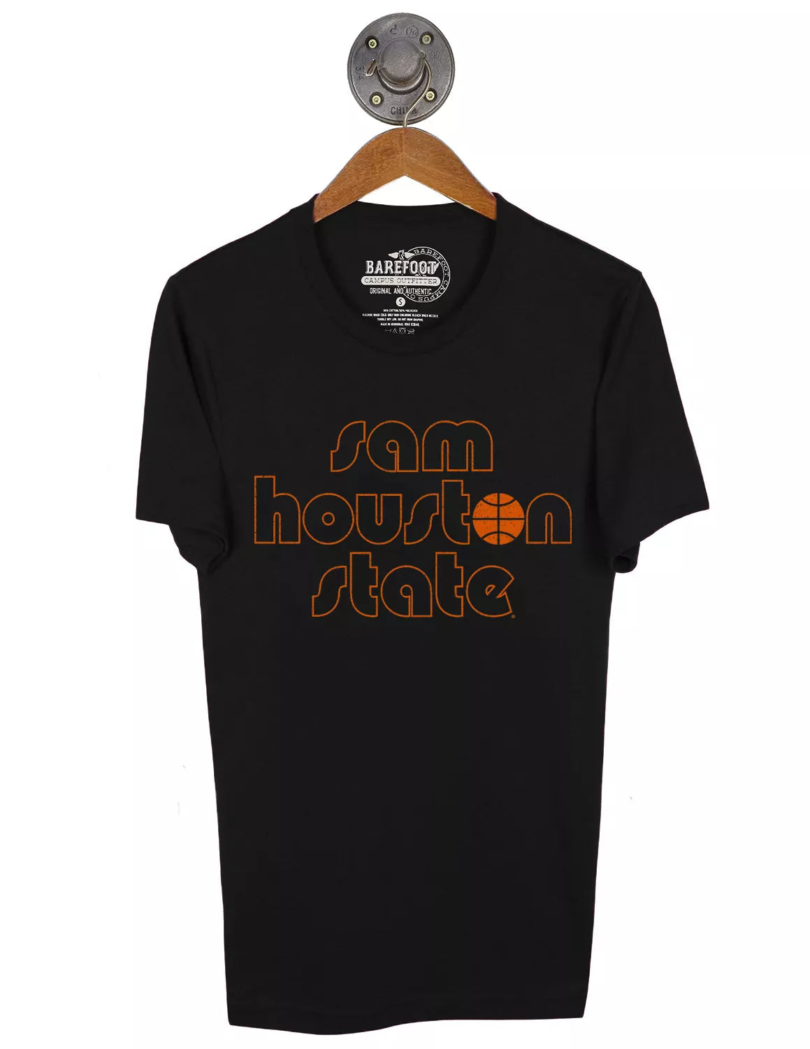 Black Sam Houston State University unisex t-shirt that features orange lettering and a basketball graphic. 