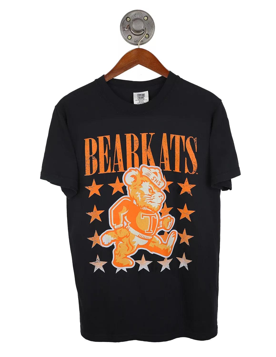 Black unisex Sam Houston State University Comfort Colors t-shirt featuring "Bearkats" black text with a Bearkats logo surrounded by stars. 