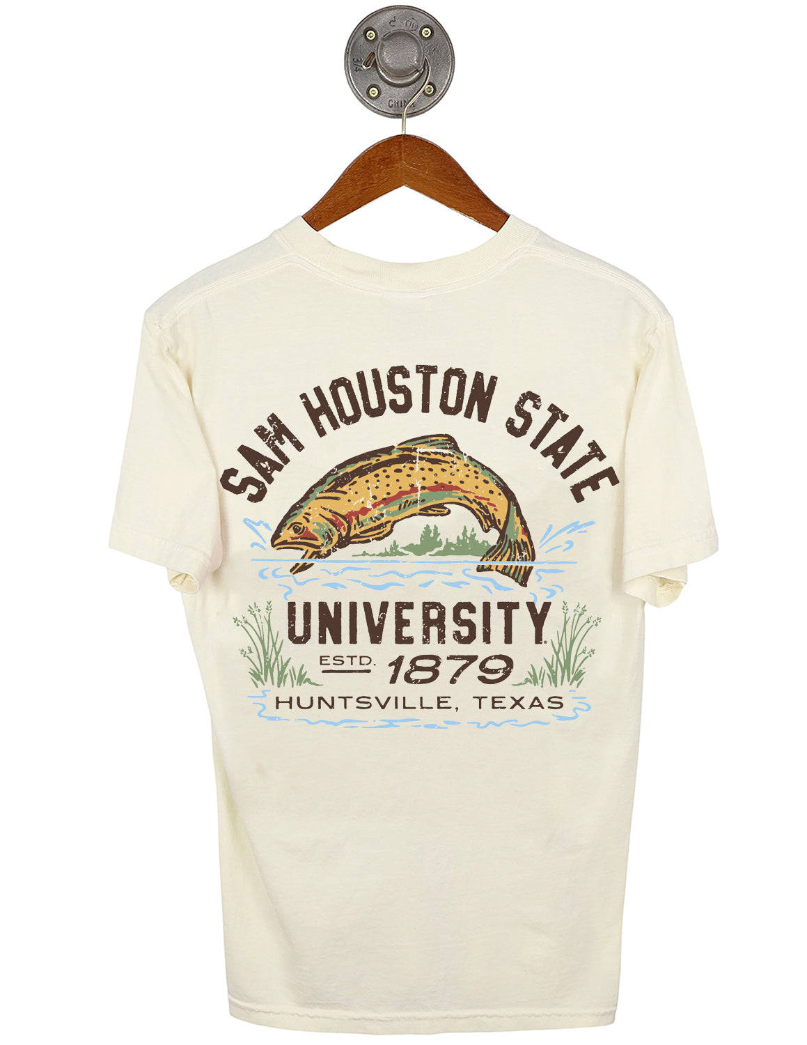 Back-view of ivory Sam Houston State University unisex short-sleeve t-shirt that features a fish jumping out of water graphic with brown lettering. 