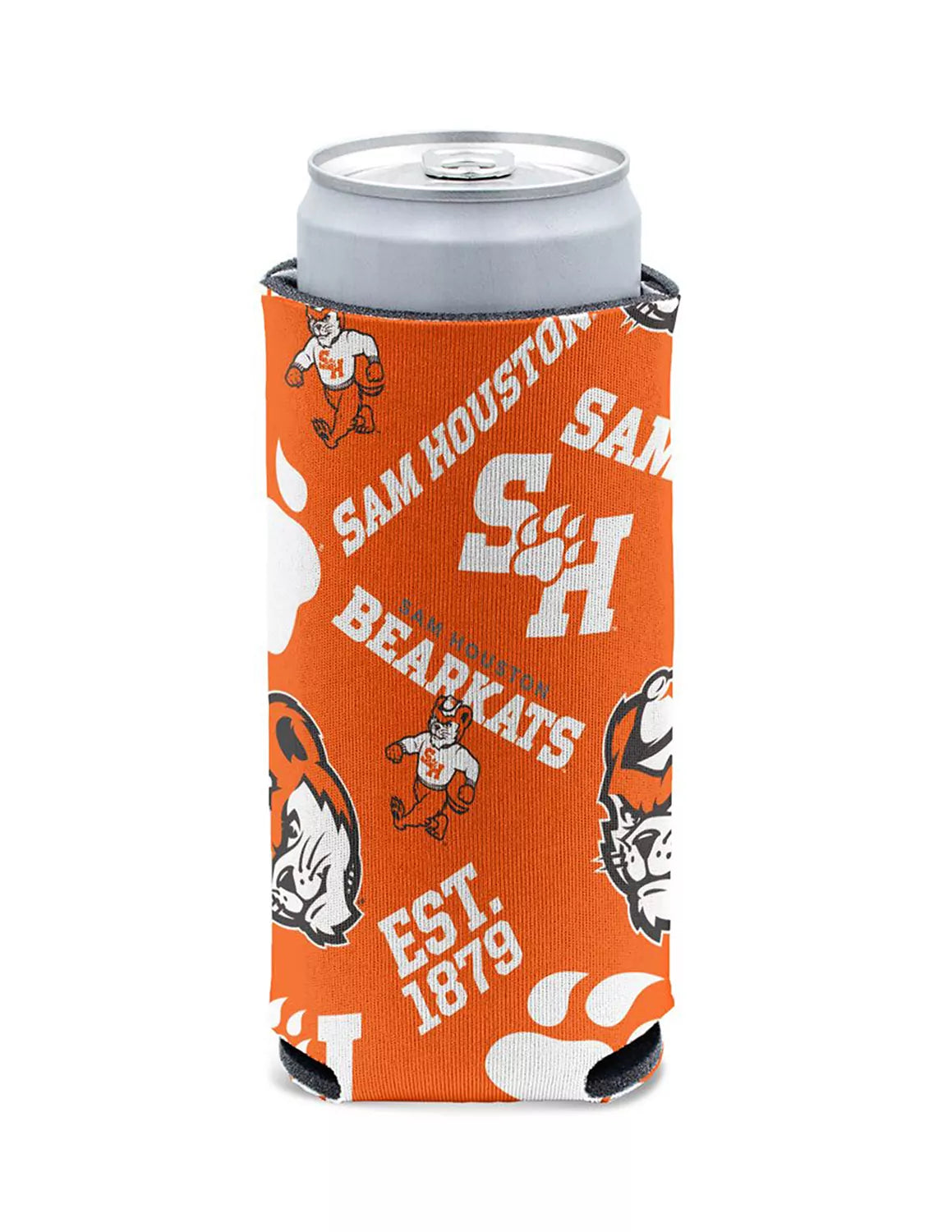 Orange Sam Houston State University double-sided can koozie that features various SHSU logos. 