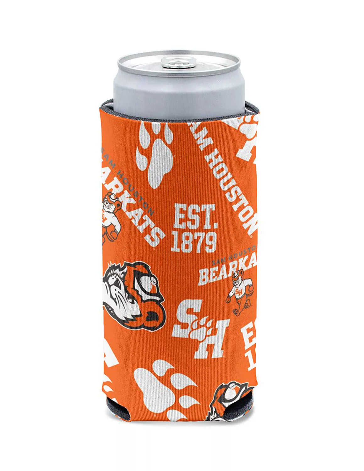Orange Sam Houston State University double-sided can koozie that features various SHSU logos. 