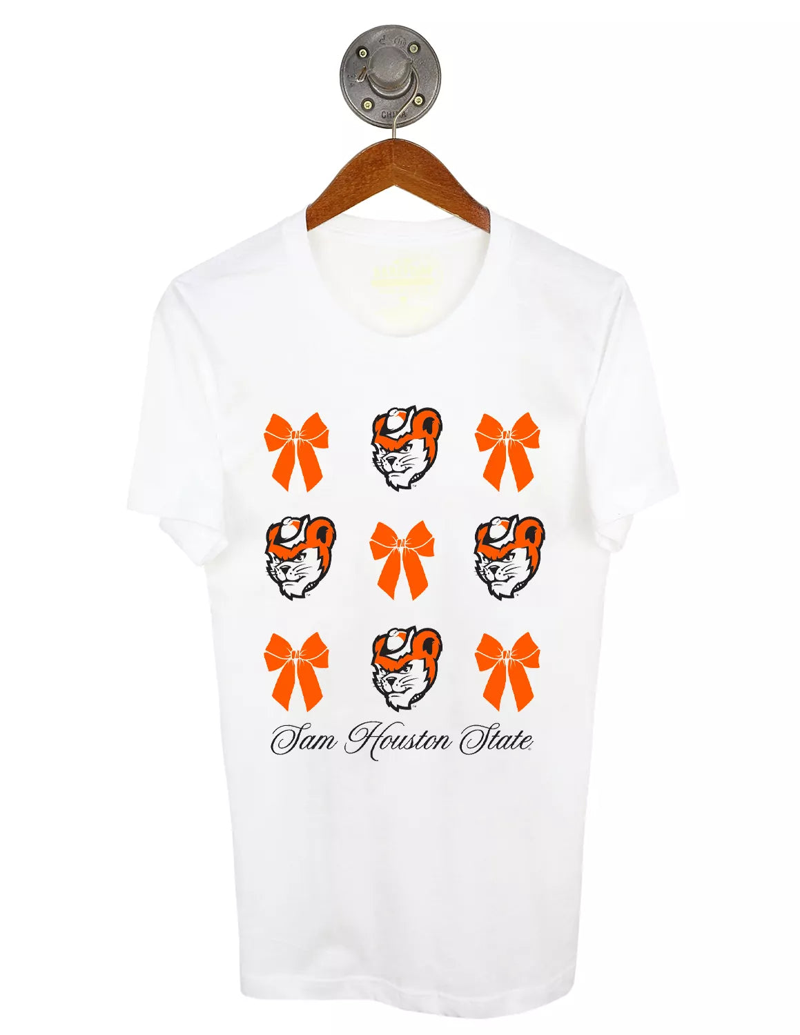 White Sam Houston State University unisex tee that features an alternating bow and mascot pattern with black lettering. 