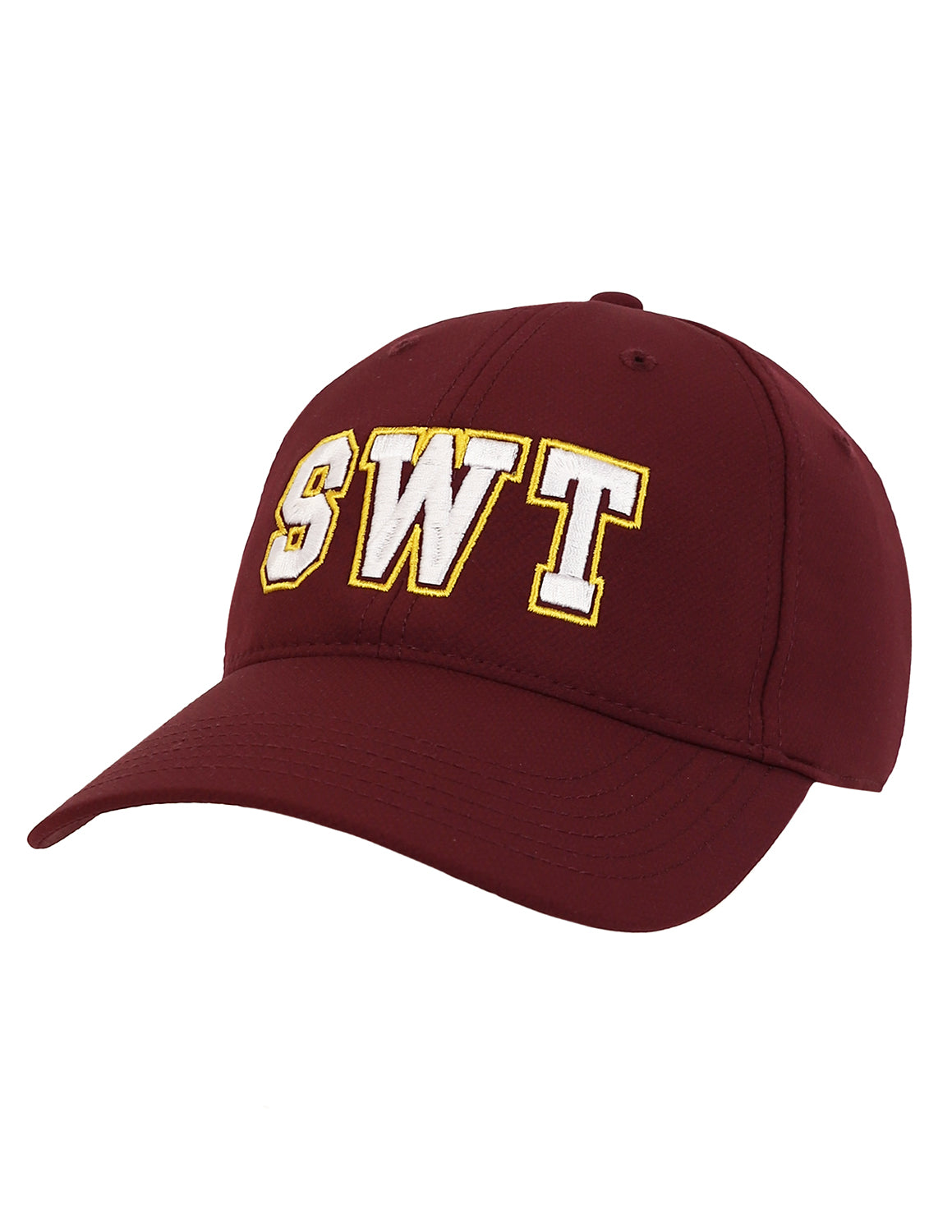Maroon Southwest Texas unisex hat that features "SWT" text in white and gold outline stitching. 