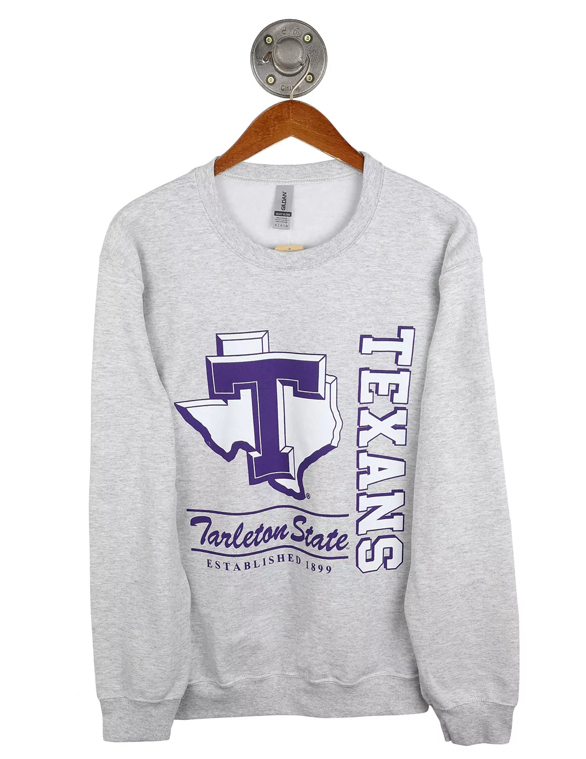Ash grey Tarleton State University Gildan unisex crewneck sweatshirt with a block T logo and purple and white lettering. 