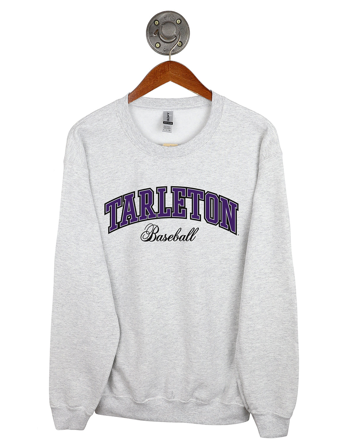 Ash grey Tarleton State University Gildan unisex crewneck sweatshirt that features "Tarleton Baseball" text with purple and black lettering. 