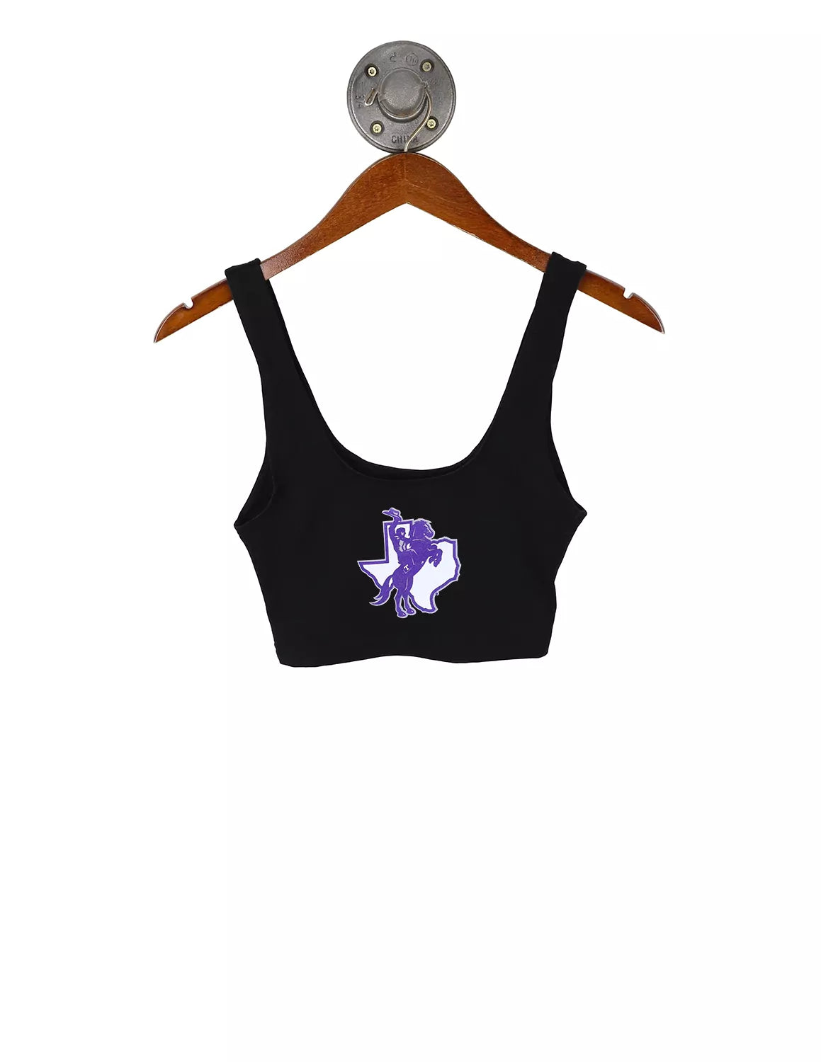 Black Tarleton State University women's crop tank that features thick straps and a Texan Rider logo on the front. 