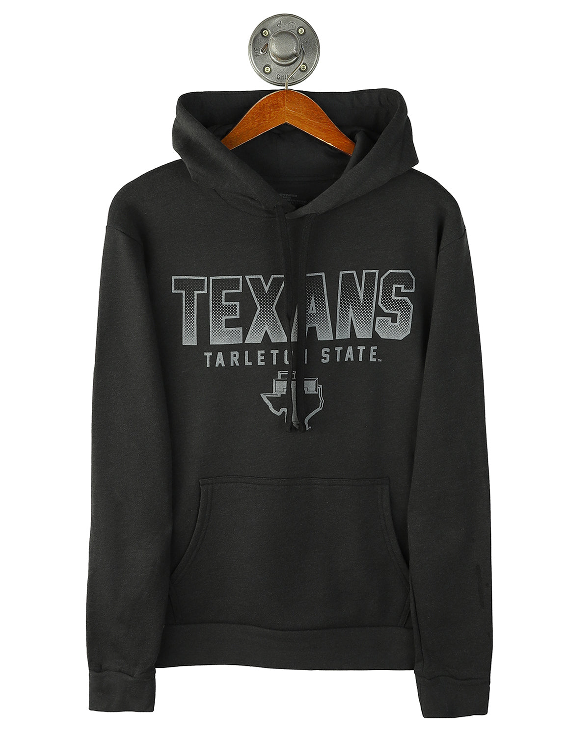 Black Tarleton State University unisex hoodie that features grey lettering and a Tarleton State Logo underneath. 