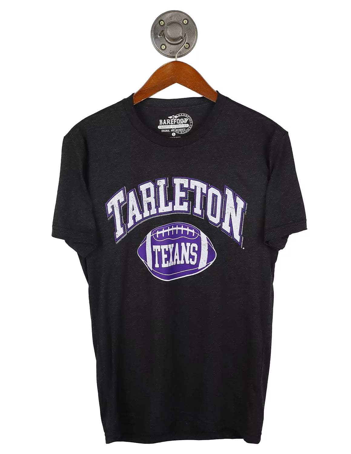 Vintage black Tarleton State University unisex short-sleeve t-shirt featuring a football graphic and purple and white lettering. 