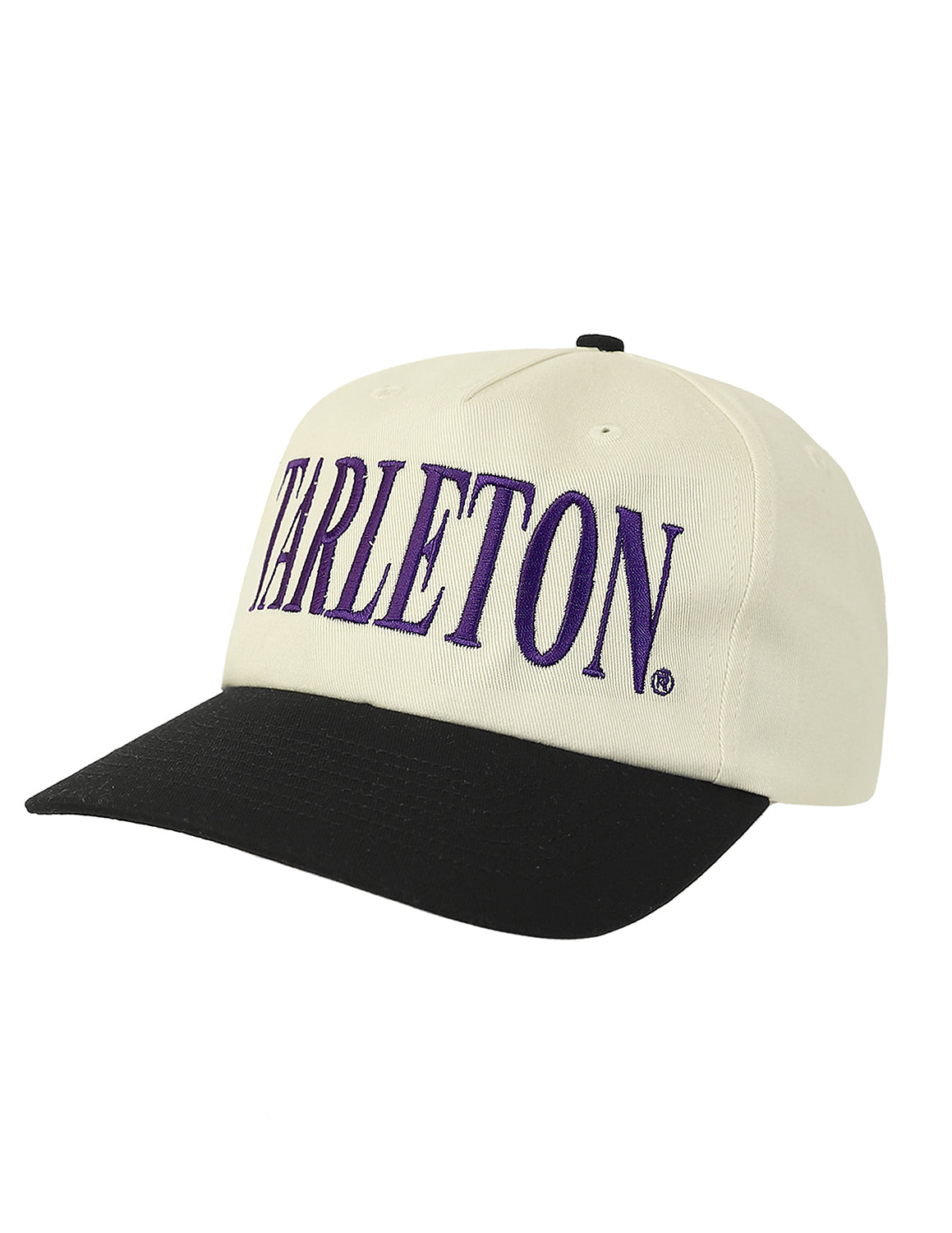Cream Tarleton State University hat that features a black brim and purple block embroidery lettering on the front. 