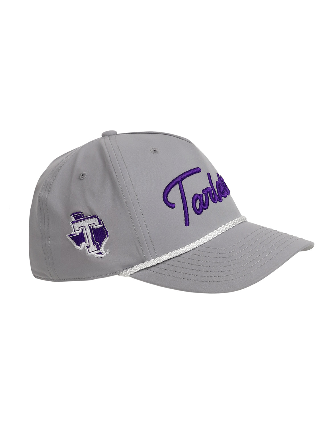 Side view of grey Tarleton State University rope hat that features a TSU logo embroidered on the side.