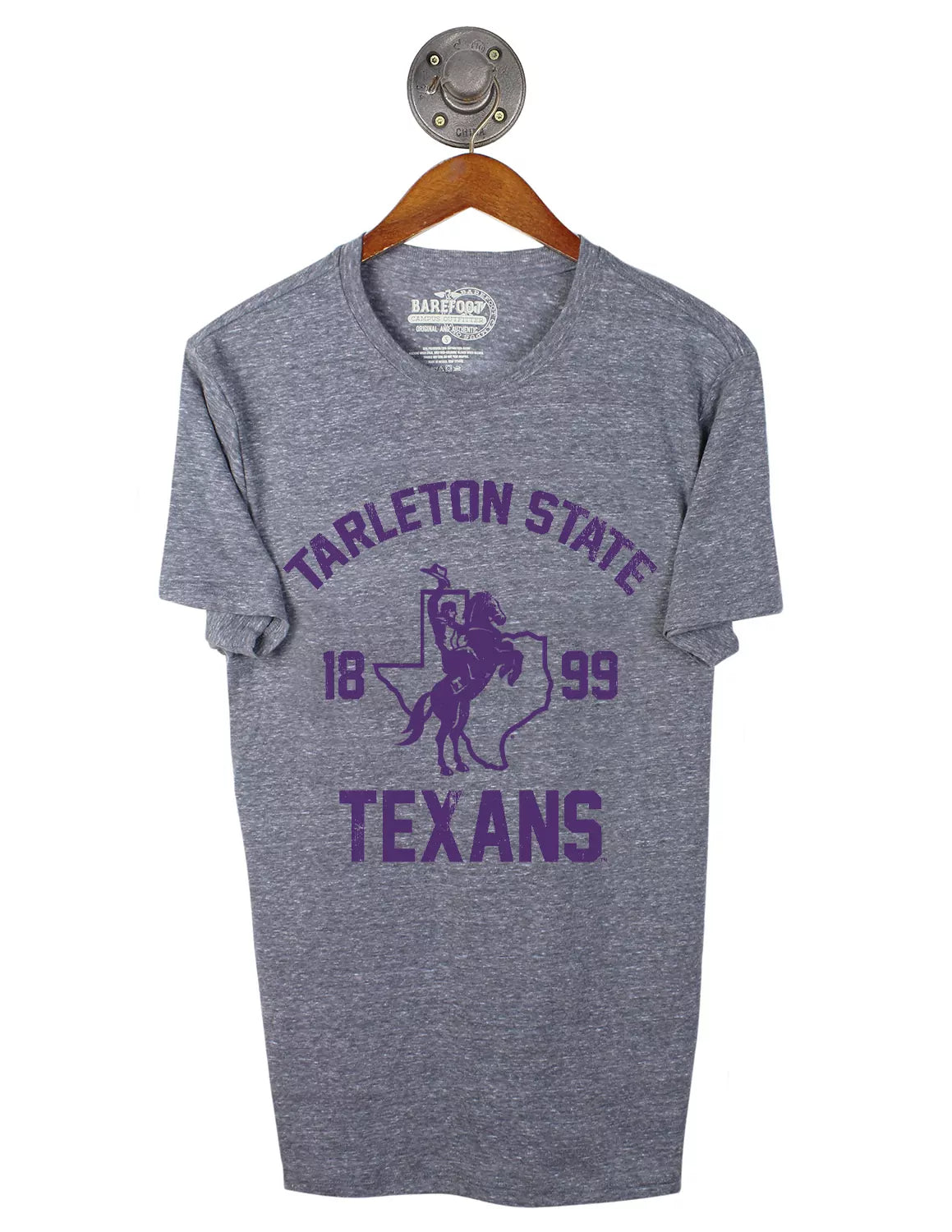 Heather grey Tarleton State University unisex short-sleeve t-shirt featuring a Texan Rider logo and purple lettering. 