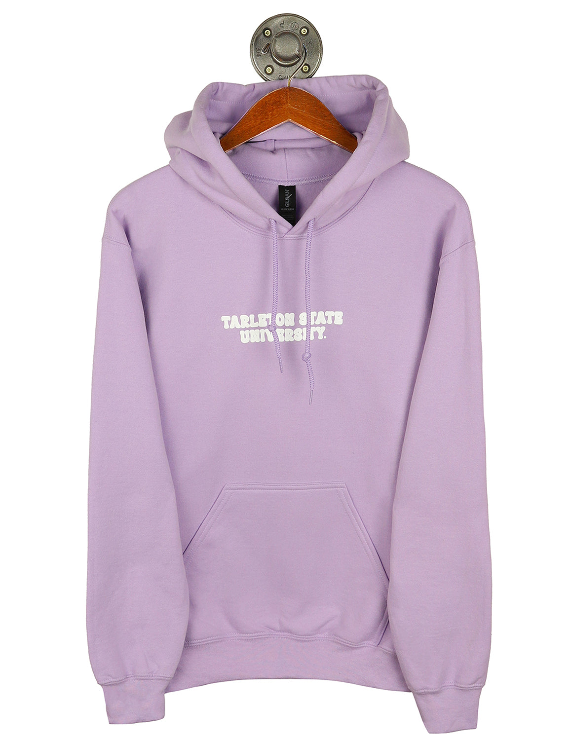 Light purple Tarleton State University unisex hoodie that features small white lettering in the center.