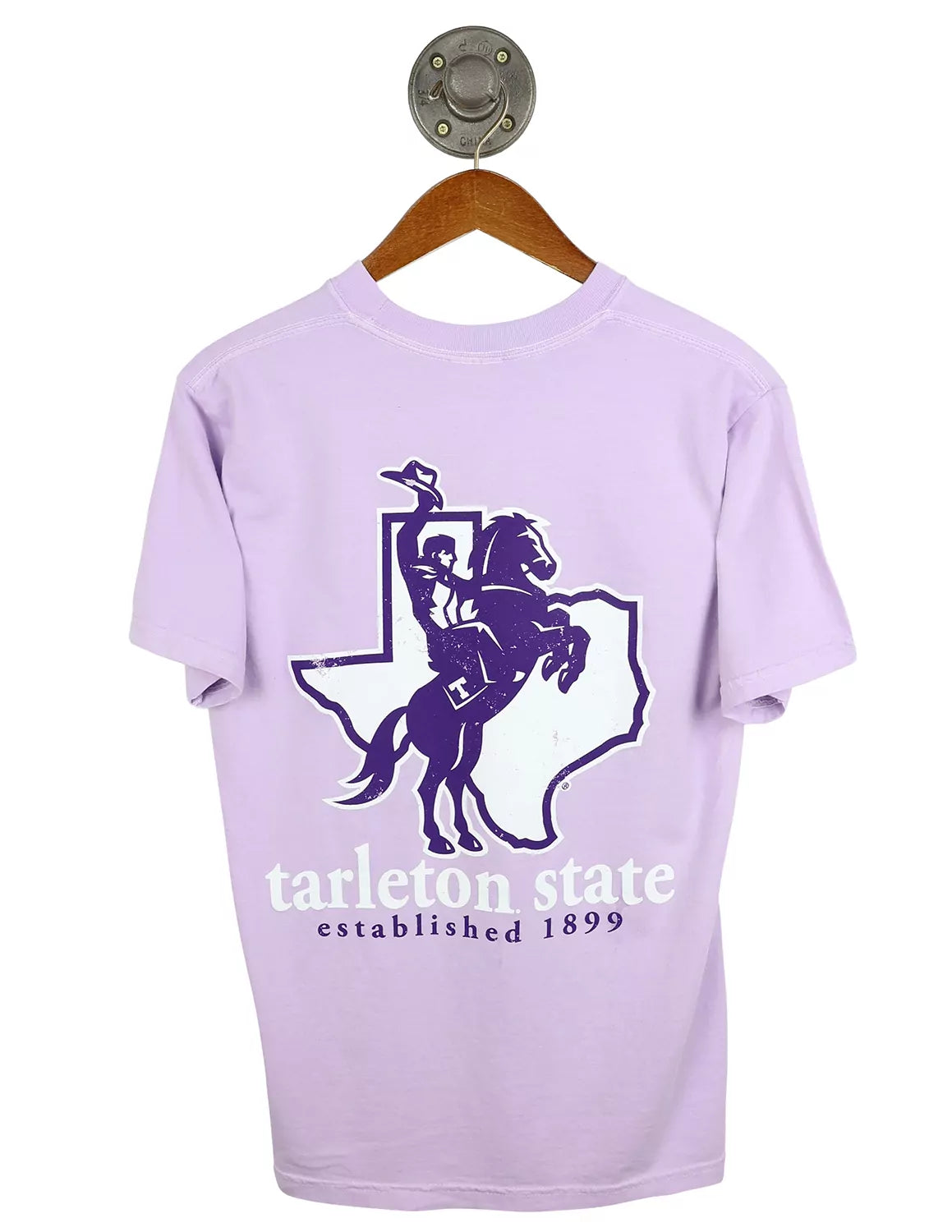 Light purple Tarleton State University unisex Comfort Colors t-shirt that features a back design with a large Texan Rider logo with lettering underneath. 