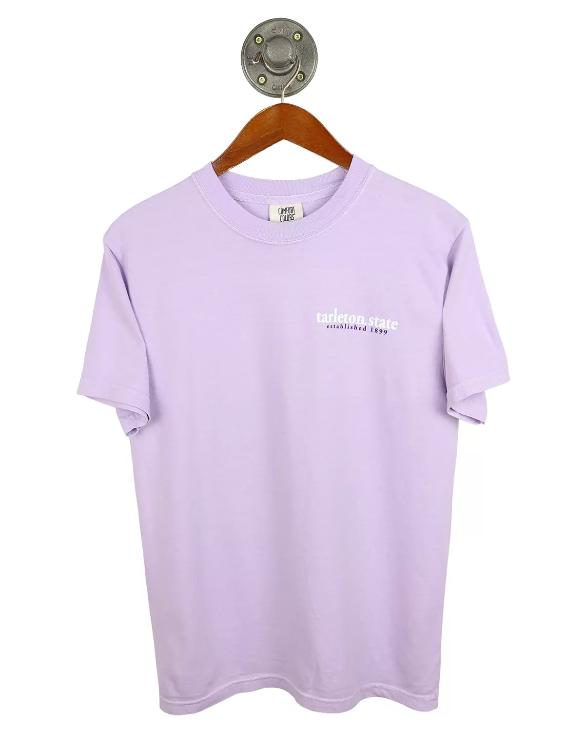 Light purple Tarleton State University unisex Comfort Colors t-shirt that features a left chest design with white and purple lettering. 