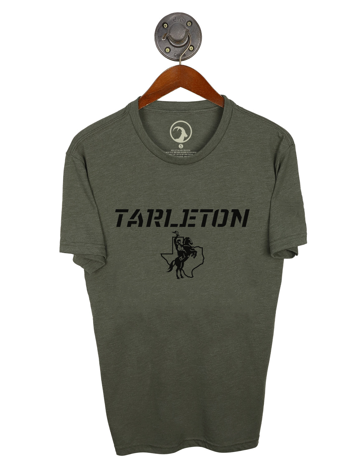 Military green unisex Tarleton State University t-shirt that features a Texan Rider logo with black "Tarleton" text above. 