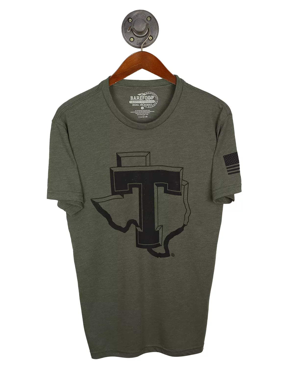 Military green unisex Tarleton State University t-shirt featuring a block T logo with an American flag on the sleeve.