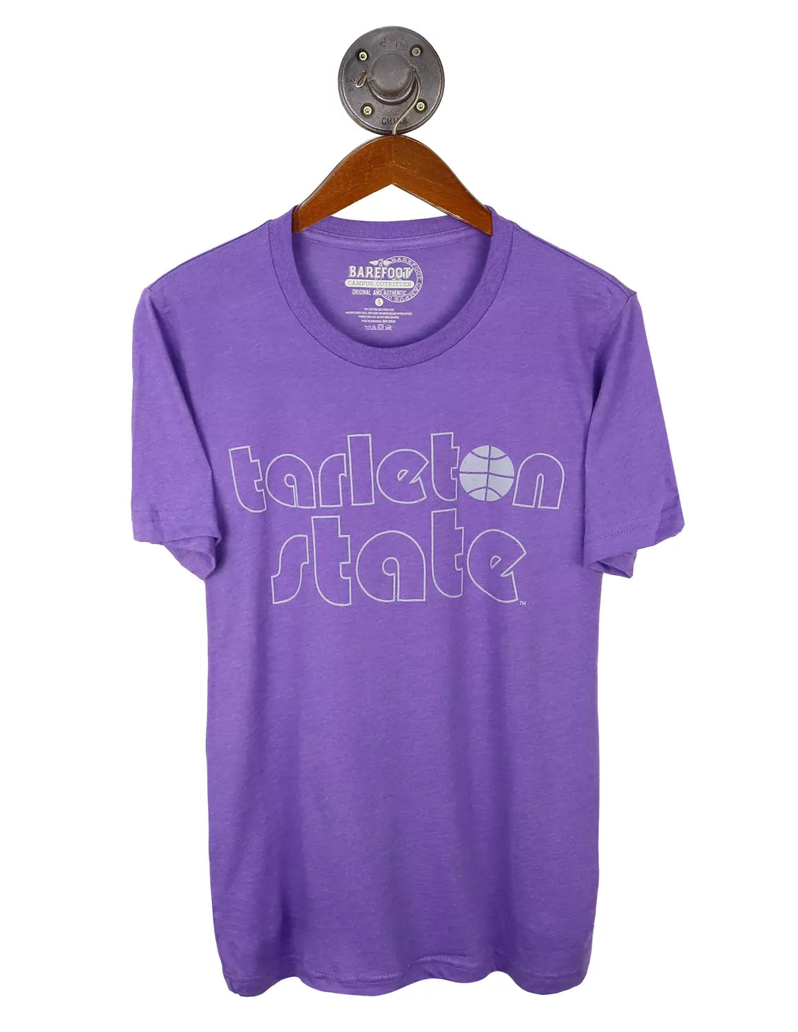 Purple unisex Tarleton State University t-shirt that features grey lettering and a basketball graphic. 