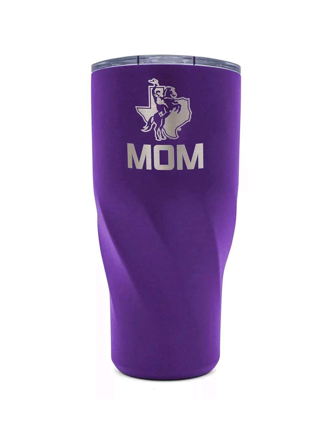 Purple Tarleton State University tumbler that features an engraved Texan Rider logo with "Mom" lettering. 
