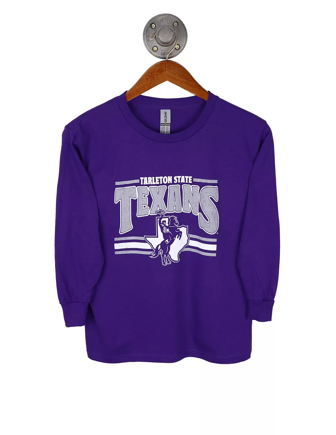Purple Tarleton State University youth Gildan long-sleeve shirt that features a Texan Rider logo with grey and white lettering. 