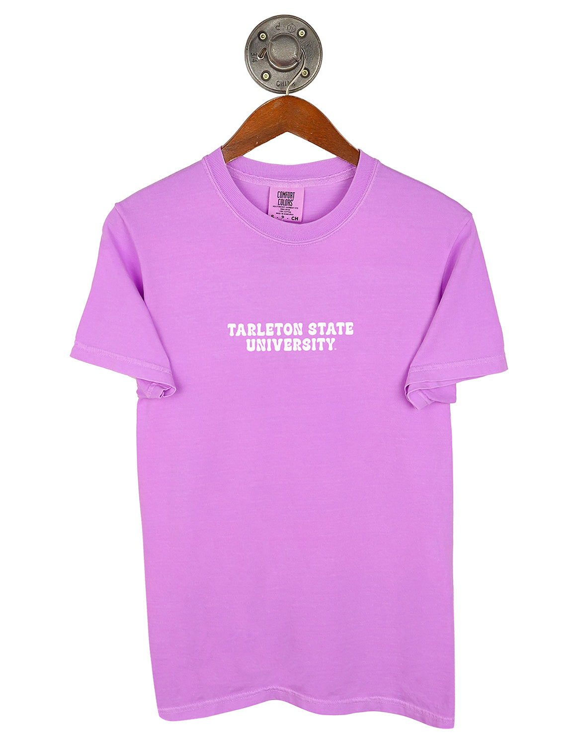 Violet Tarleton State University unisex Comfort Colors t-shirt that features small white lettering in the center. 