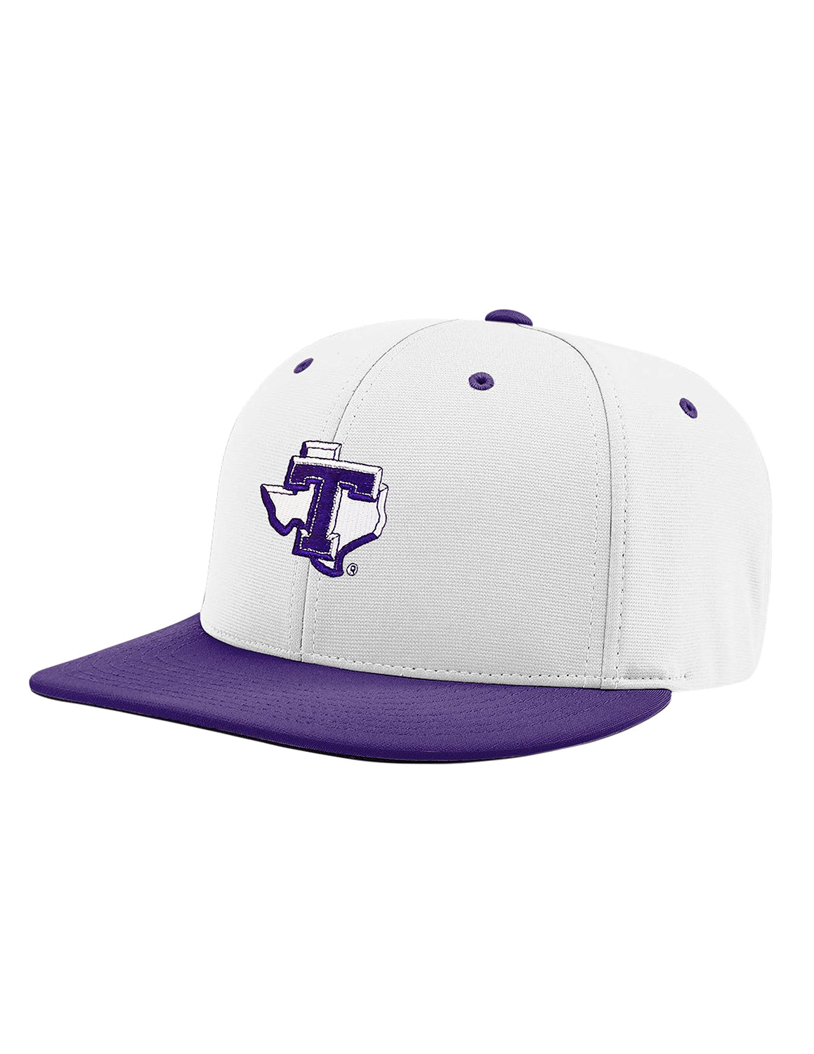 White Tarleton State University hat that features a purple brim and a Tarleton State logo embroidery on the front.