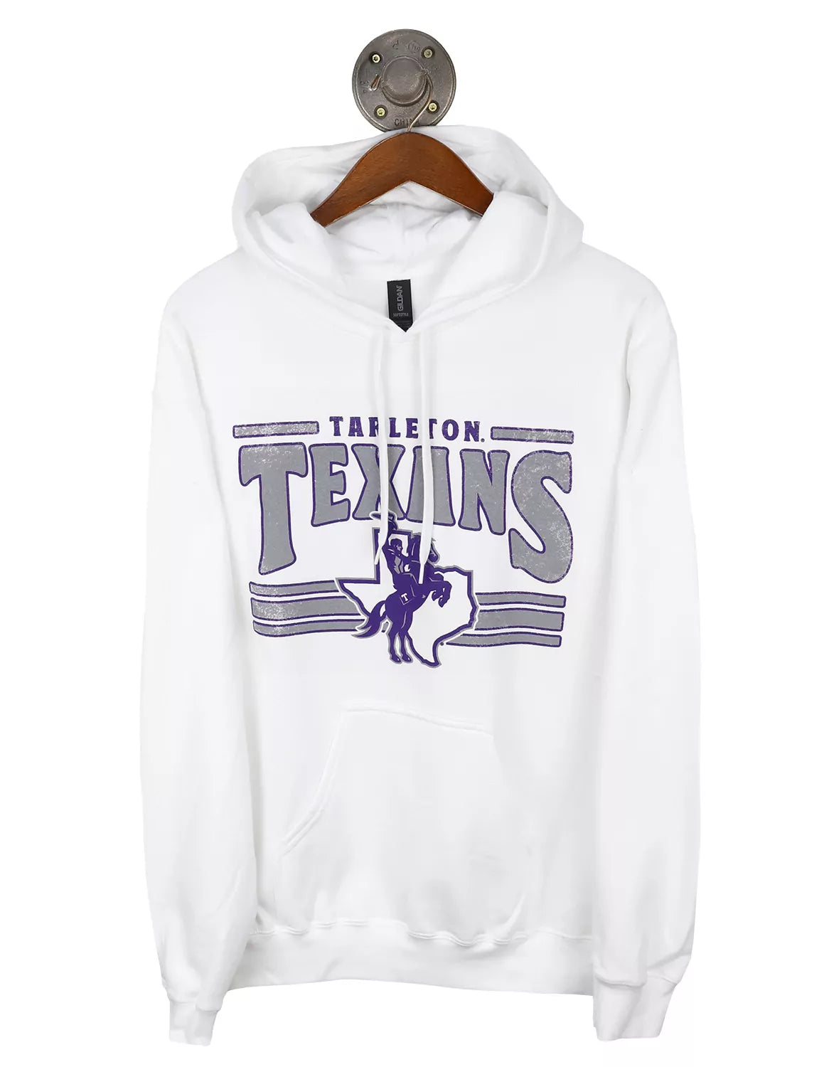 White unisex Tarleton State University hoodie featuring a Texan Rider logo and purple and white lettering.