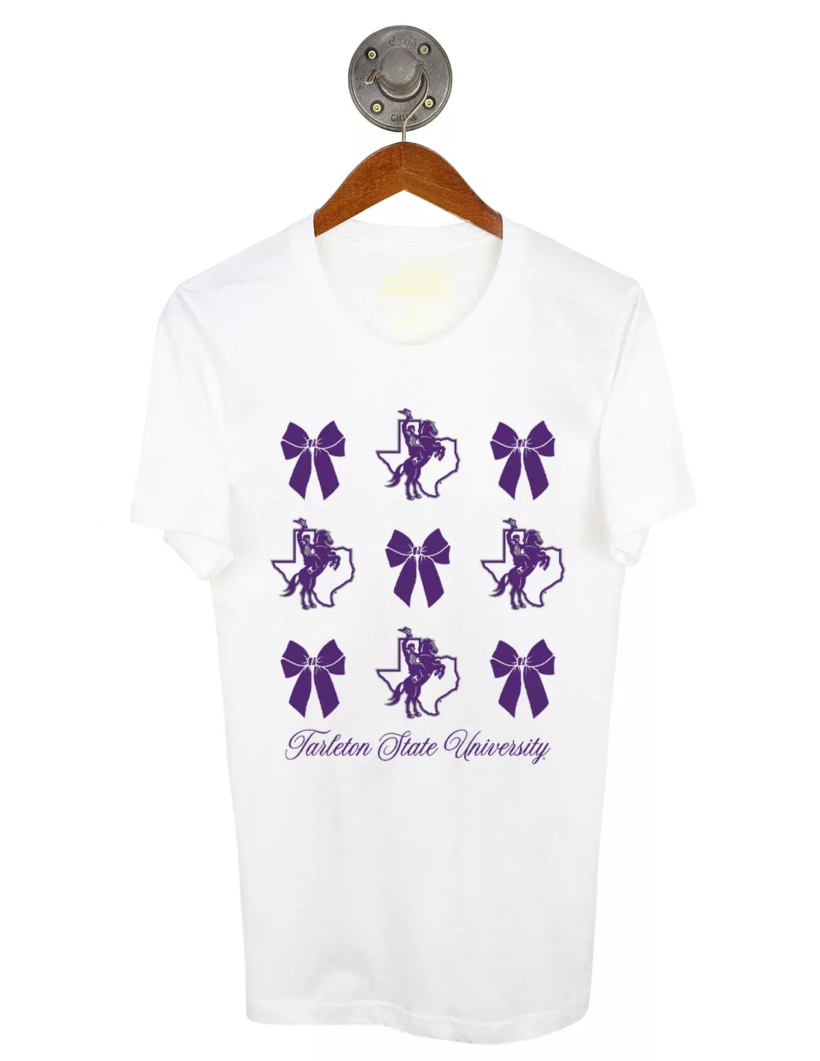 White unisex Tarleton State University t-shirt that features an alternating bow and mascot logo with purple lettering. 