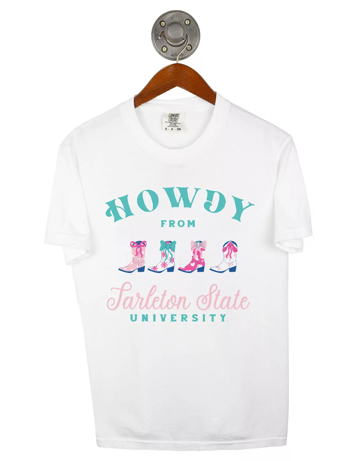 White Tarleton State University Comfort Colors unisex t-shirt featuring a colorful cowgirl boots graphic with blue and pink lettering. 