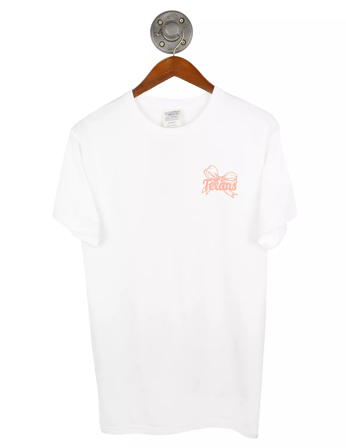 White Tarleton State University unisex t-shirt featuring a bow with pink lettering on the left chest. 