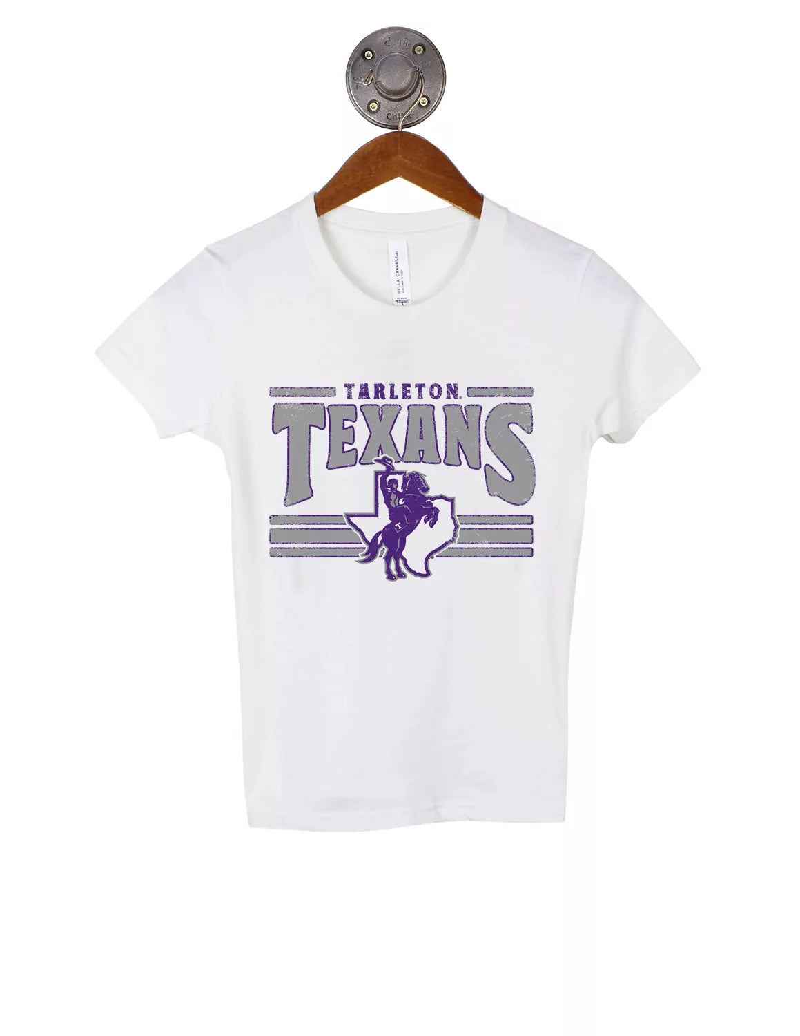 White Tarleton State University youth t-shirt with the Texan Rider logo and purple and grey lettering. 