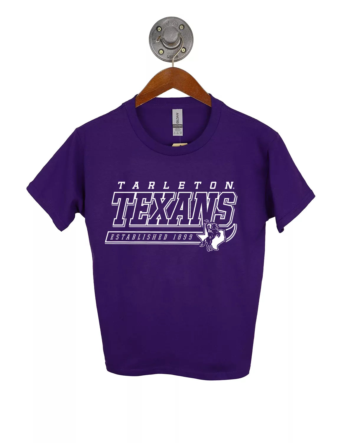 Purple youth Tarleton State University t-shirt featuring "Texans" text with grey and white lettering. 