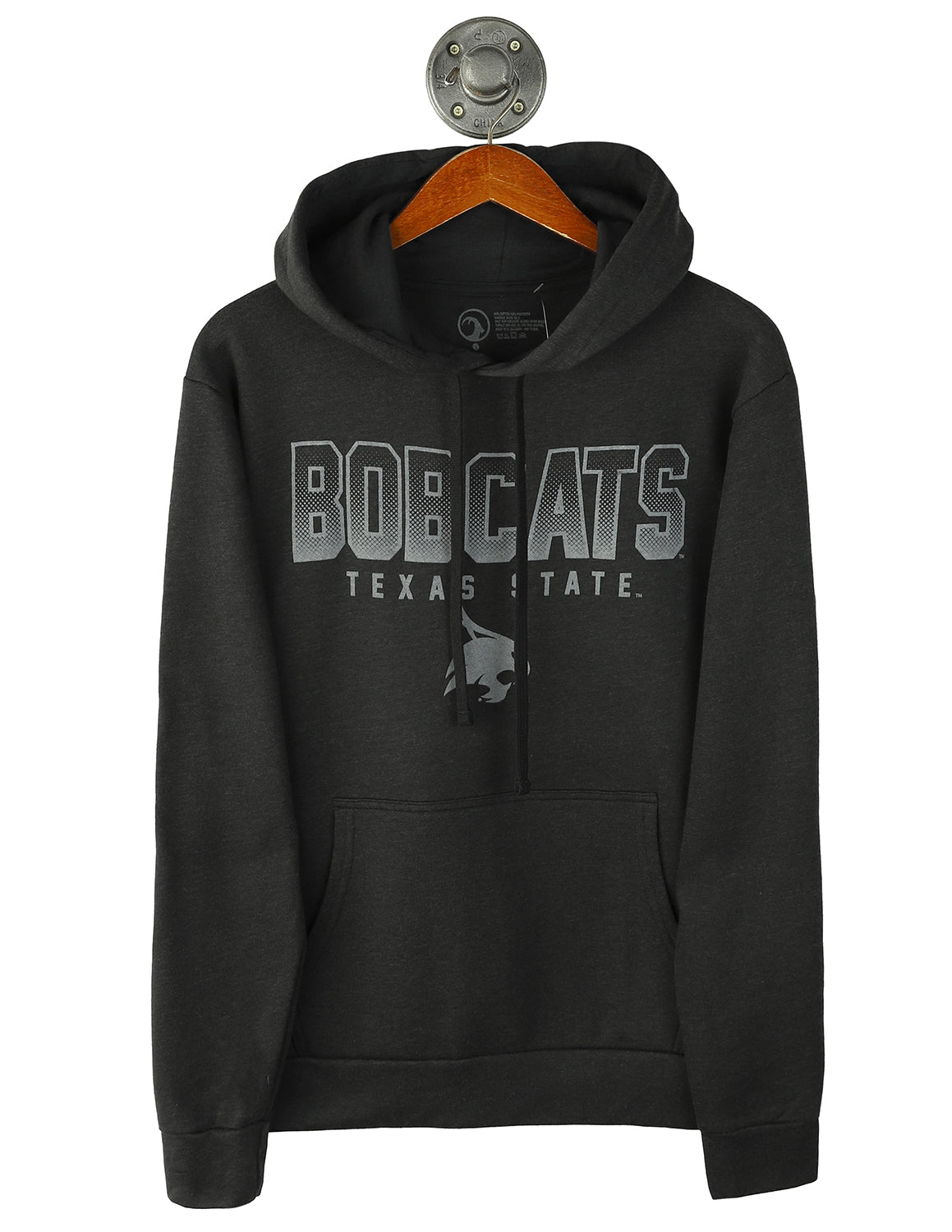 Black Texas State University unisex hoodie that features grey lettering and a Texas State logo underneath. 
