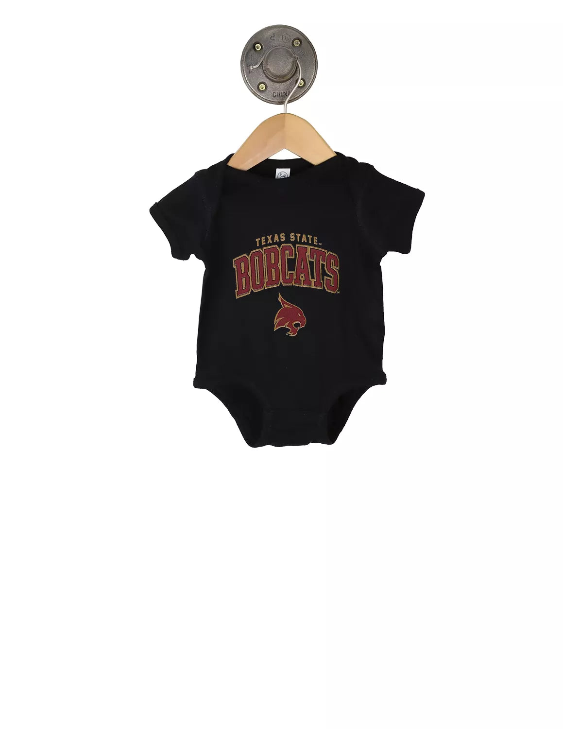 Black Texas State University infant short-sleeve onesie featuring "Texas State Bobcats" gold and maroon lettering above a Bobcats logo. 