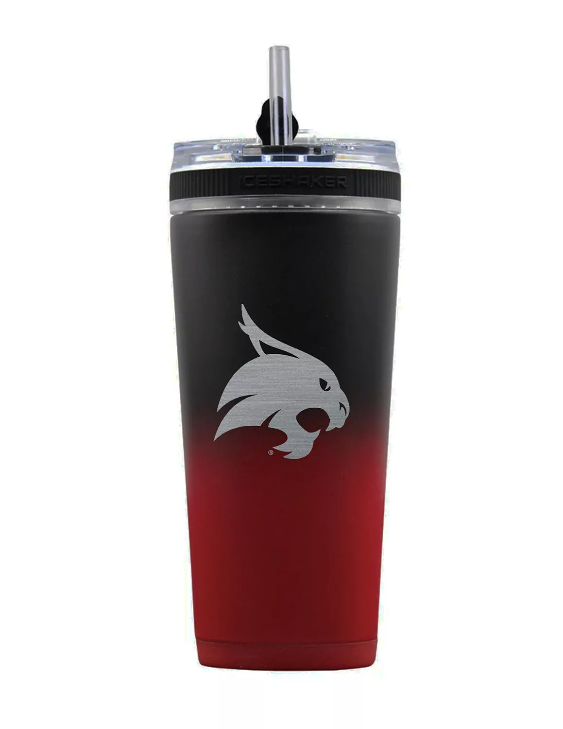 Black and maroon Texas State University ice shaker flex tumbler that features a bobcat logo on the front. 