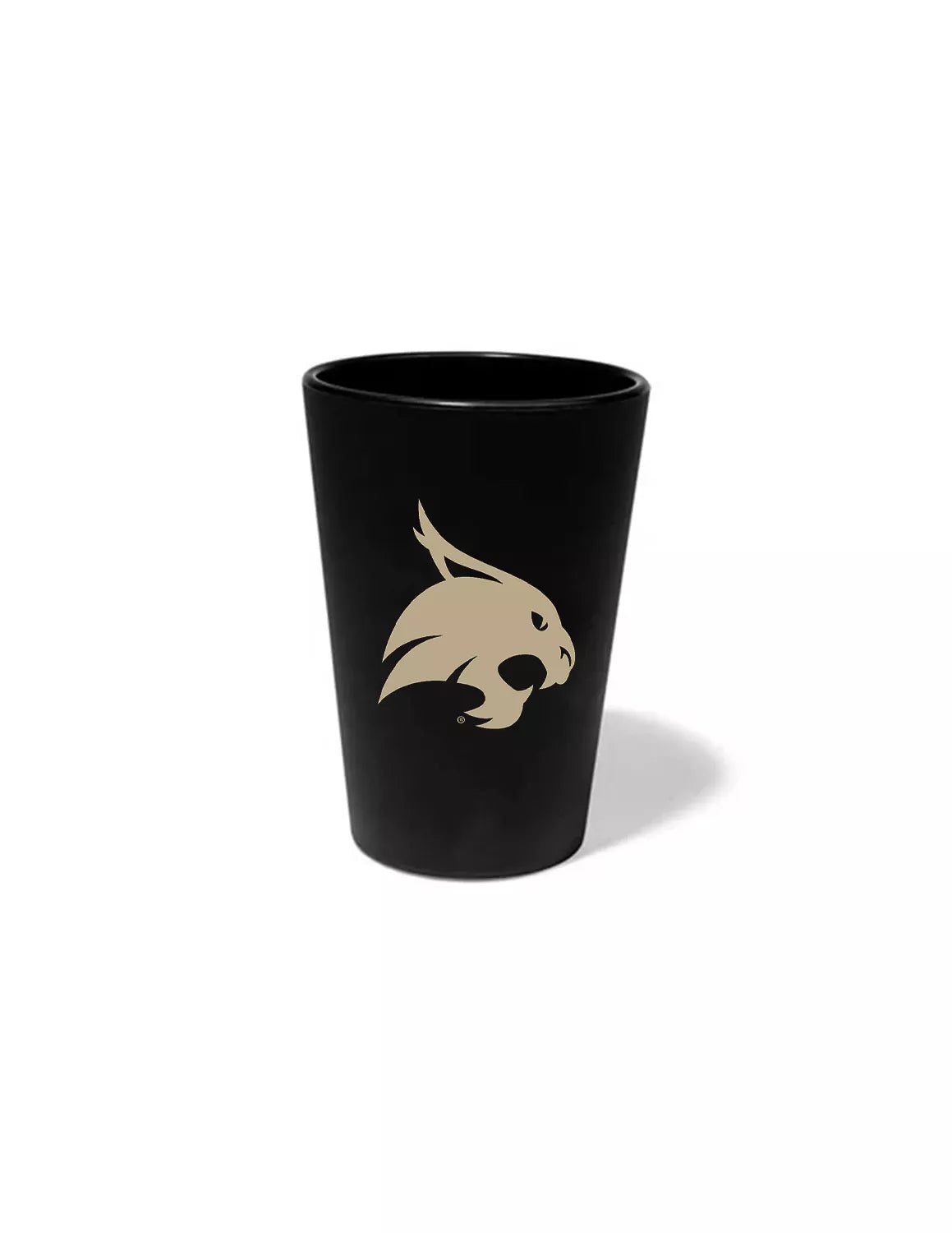 Black Texas State University silicone shot glass that features a bobcat logo in gold.