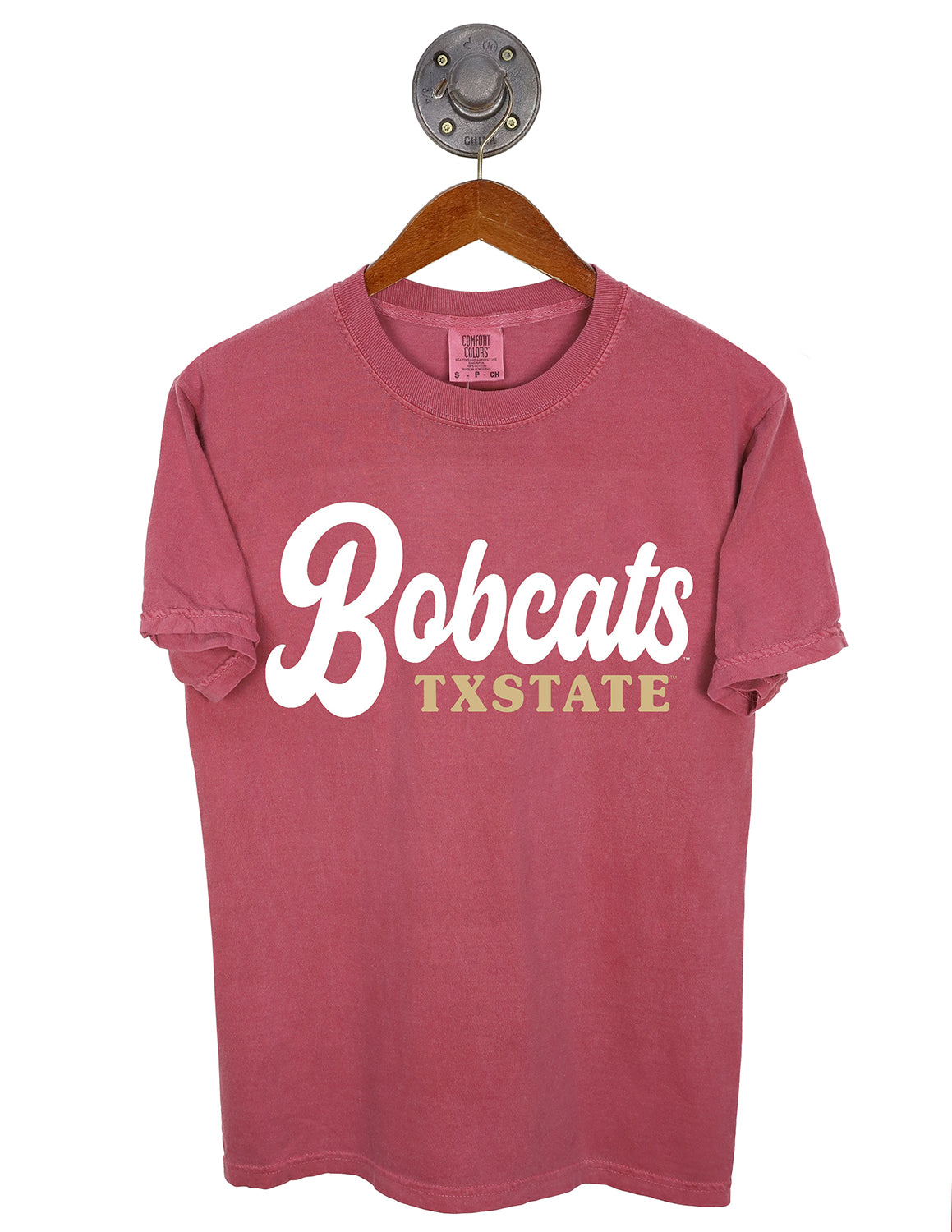 Brick unisex Texas State University t-shirt that features white and gold lettering. 