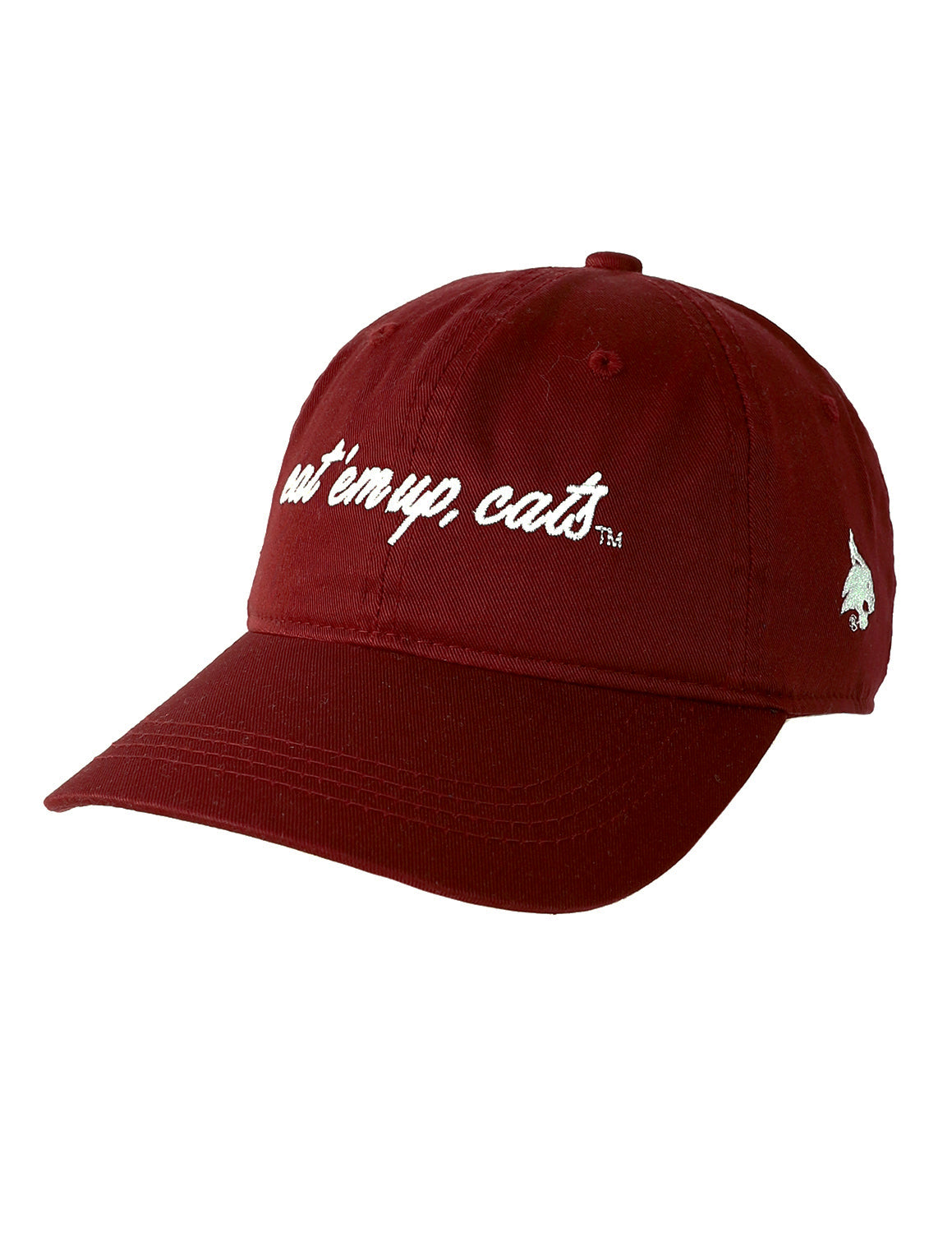 Burgundy Texas State University unisex hat that features an adjustable strap with a "Eat 'Em Up Cats" embroidery on the front and a Texas State logo embroidery on the side. 