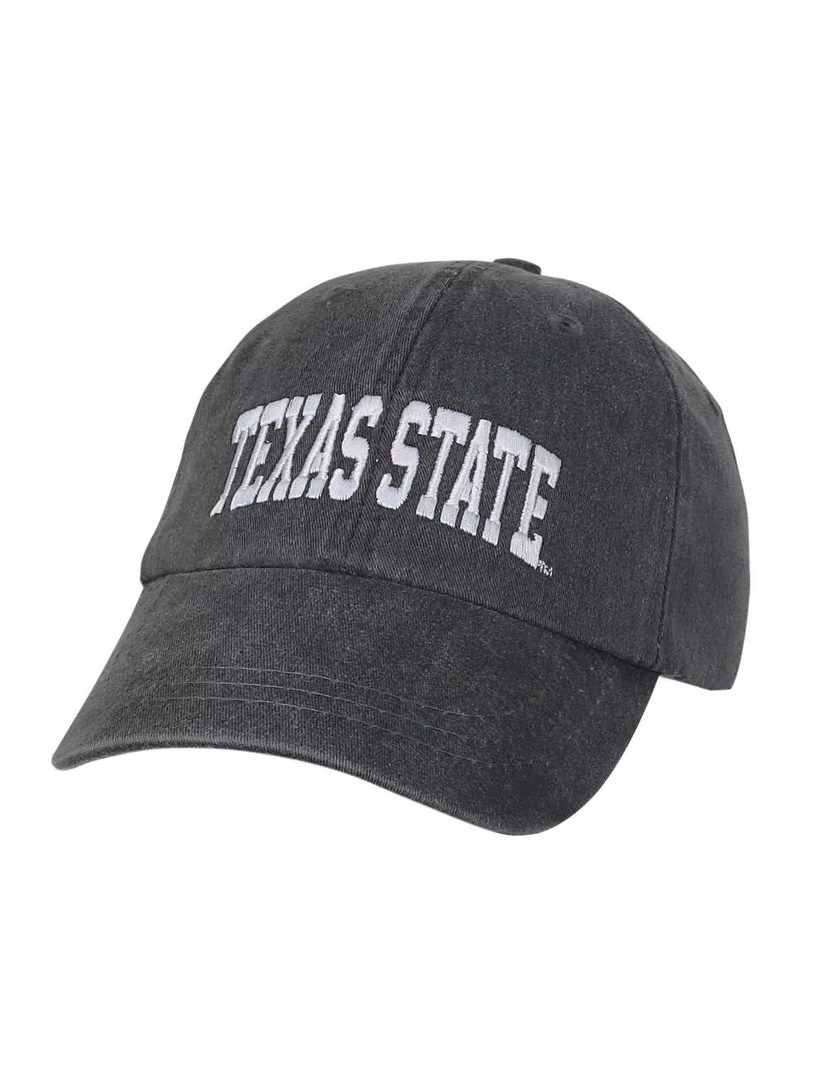 Charcoal Texas State University adjustable unisex hat that features white lettering. 