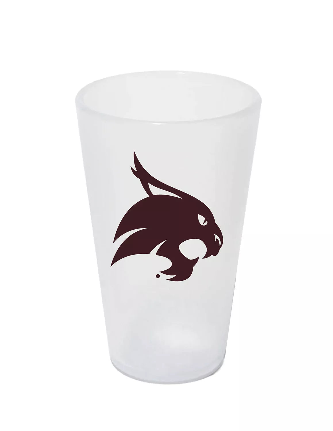 Clear Texas State University silicone pint glass that features a bobcat logo in maroon. 