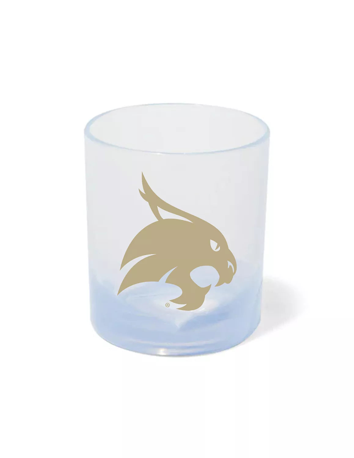 Clear Texas State University silicone rocks glass that features a Bobcats logo. 