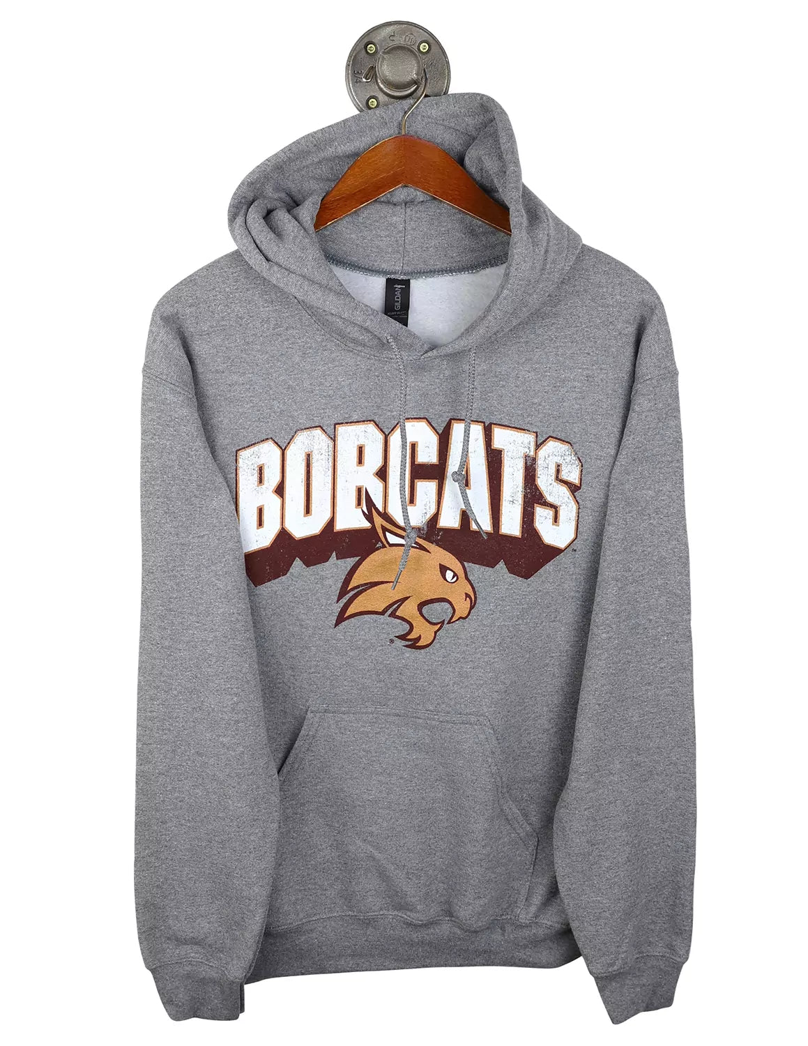 Heather grey Texas State University unisex hoodie with maroon and gold lettering and a Bobcats logo underneath. 