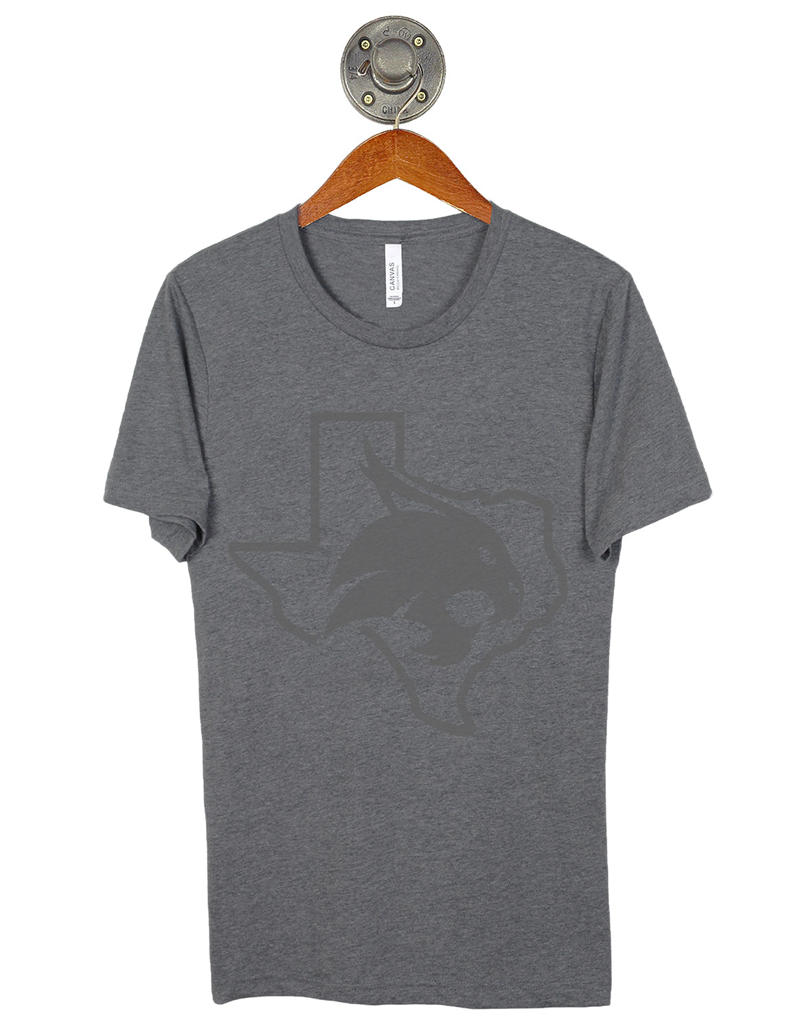 Heather grey Texas State University unisex t-shirt that features a large grey Texas State logo in the center. 
