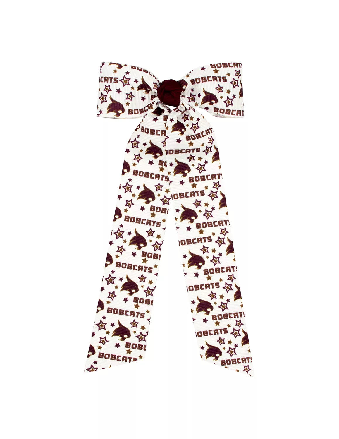 White Texas State University hair tie bow that features Bobcat logos and 9" streamer tails. 