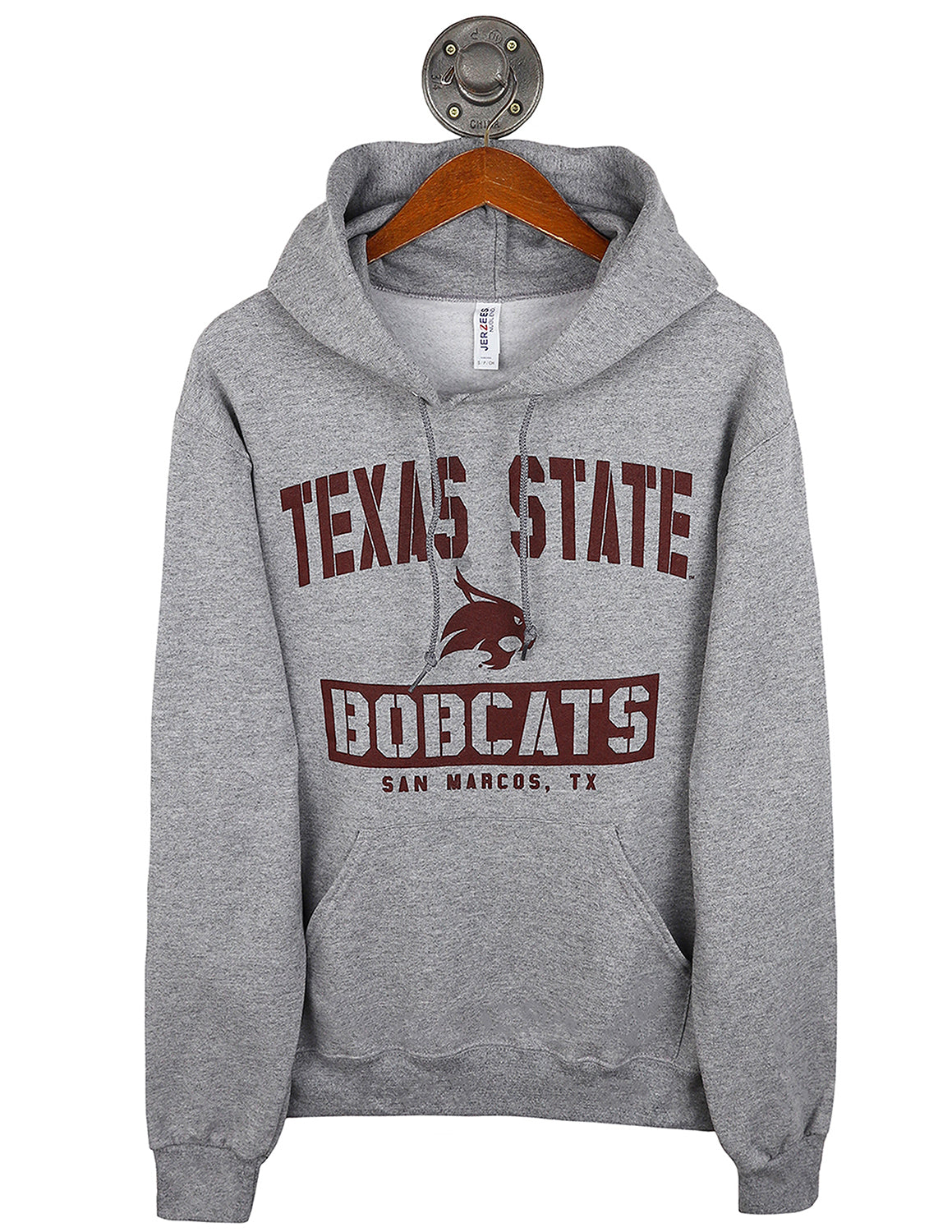 Heather grey Texas State University unisex hoodie that features a TXST logo in the middle with maroon lettering.