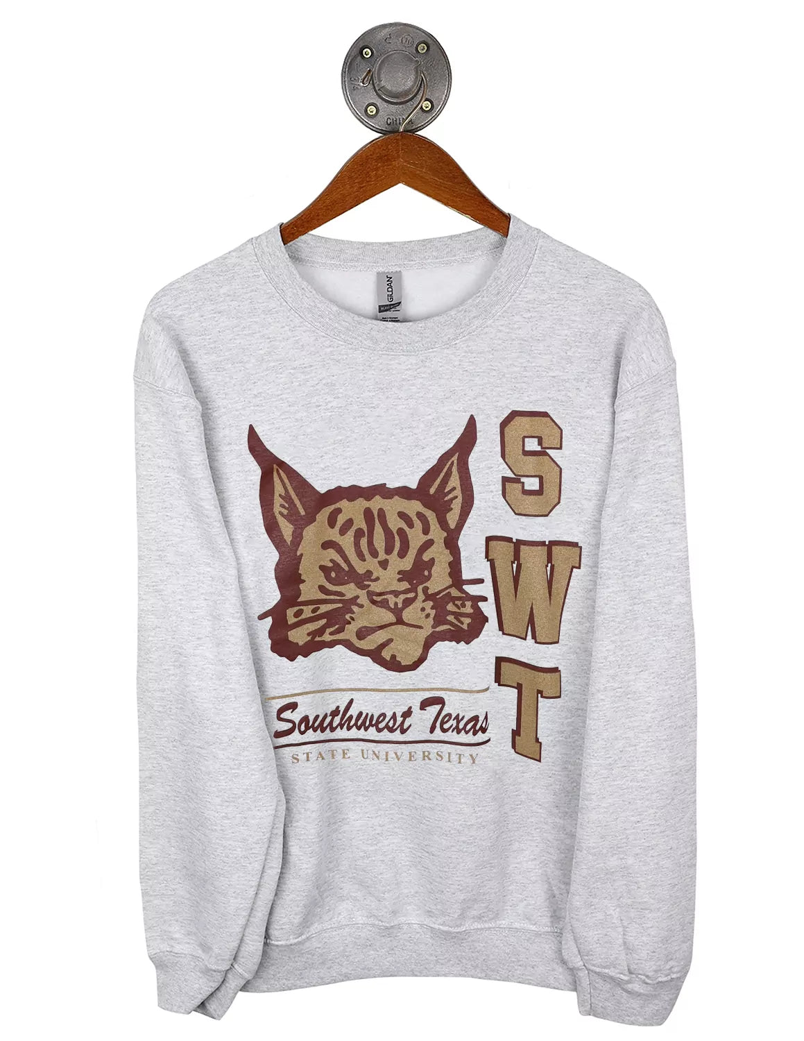 Heather grey Texas State University unisex Gildan sweatshirt that features a TXST logo with gold and maroon lettering. 