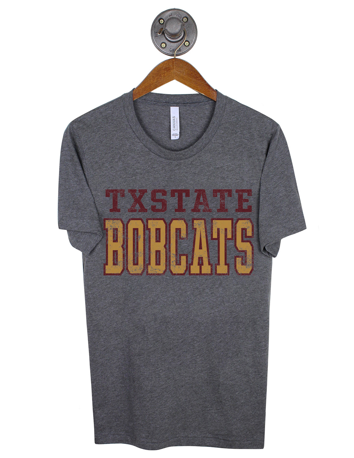 Heather grey Texas State University unisex short-sleeve t-shirt that features maroon and gold "TXSTATE BOBCATS" text.
