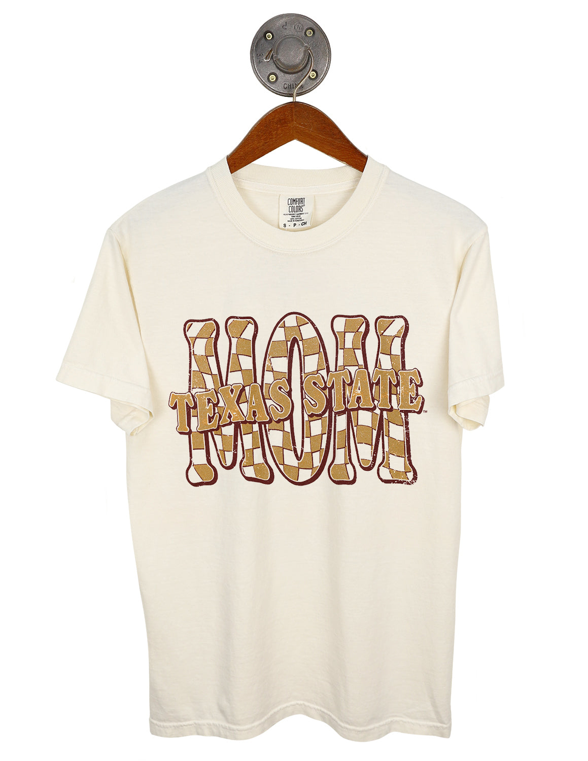 Ivory Texas State University unisex short sleeve t-shirt that features "Texas State Mom" text in a gold and cardinal checkered pattern.