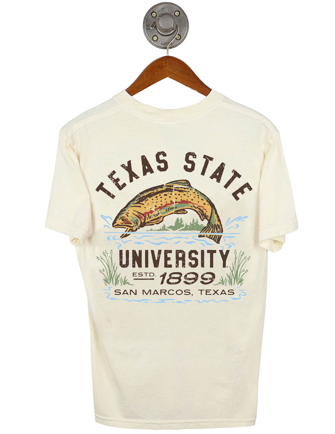 Back-view of ivory Texas State University unisex short-sleeve t-shirt that features a fish jumping out of water graphic with brown lettering. 